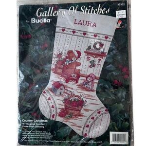 NWT Gallery of Stitches by BUCILLA Country Christmas 16" Cross-Stitch Stocking
